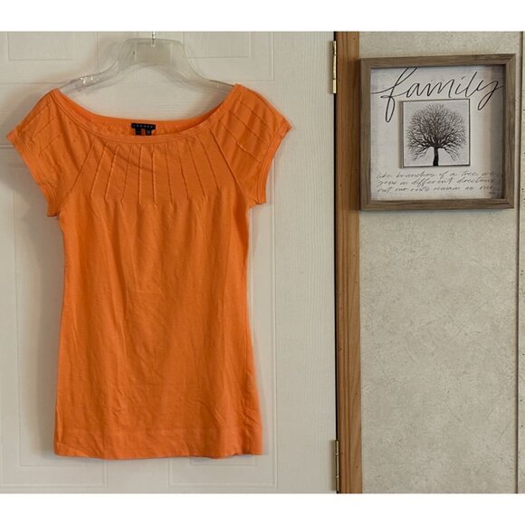 Theory Orange Short Cap Sleeve Pleated Neck T-shirt Top Pima Cotton Stretch P XS - Picture 7 of 11